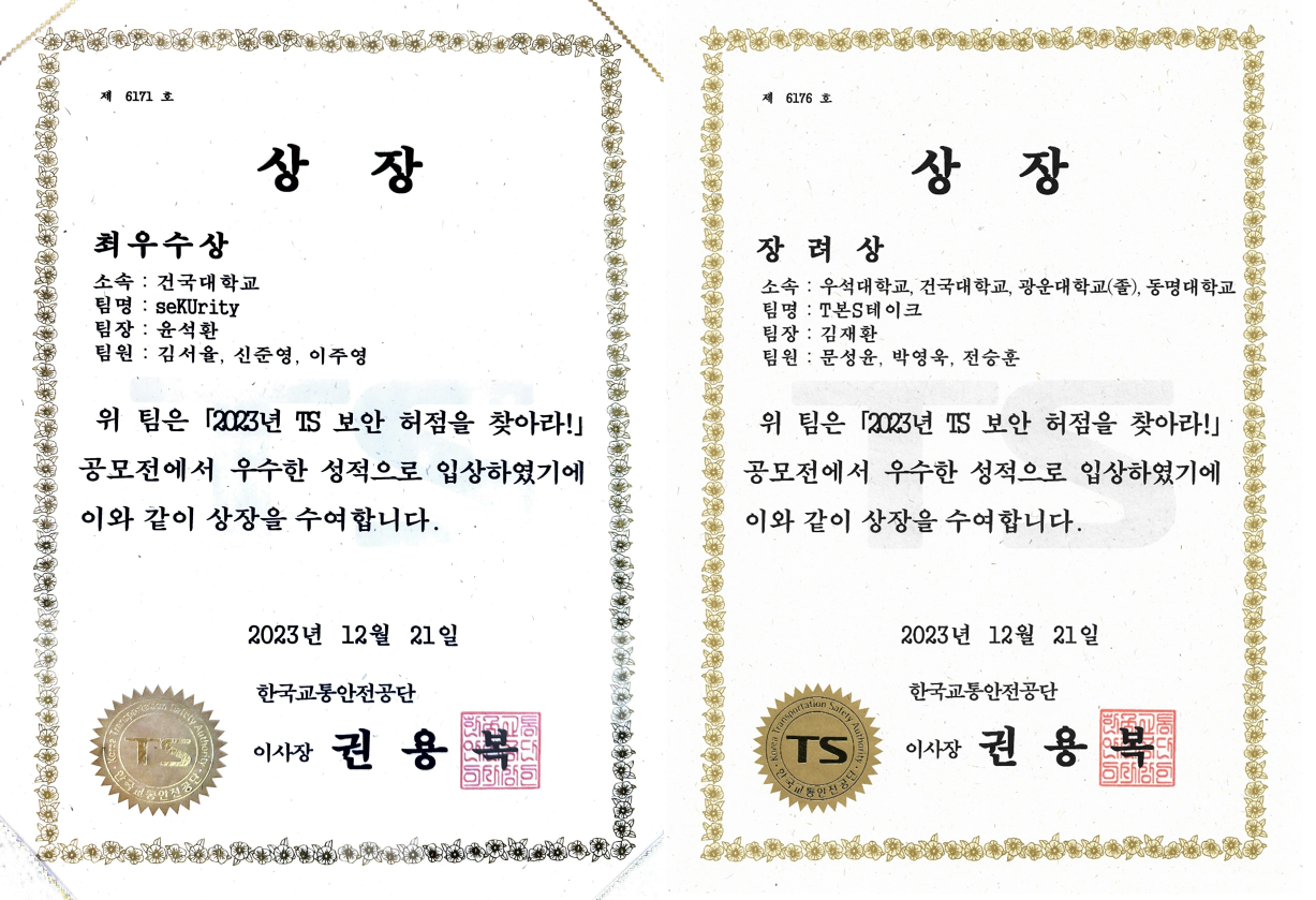 2023년 제5회 TS 보안 허점을 찾아라! 최우수상, 장려상 수상